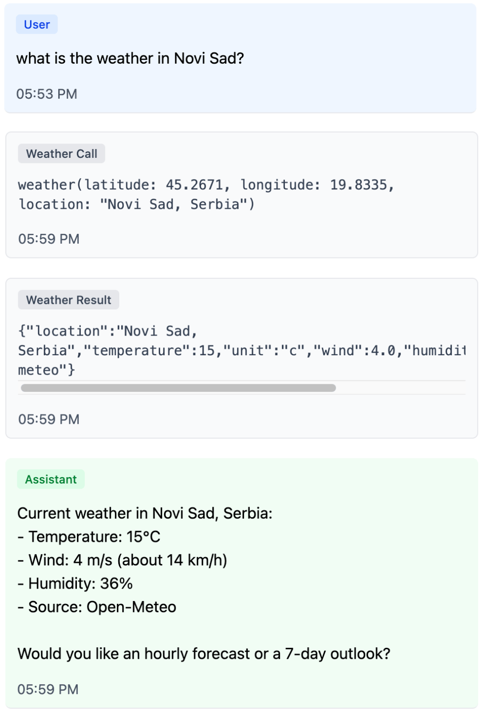 Weather tool call, JSON result, and a bulleted text answer