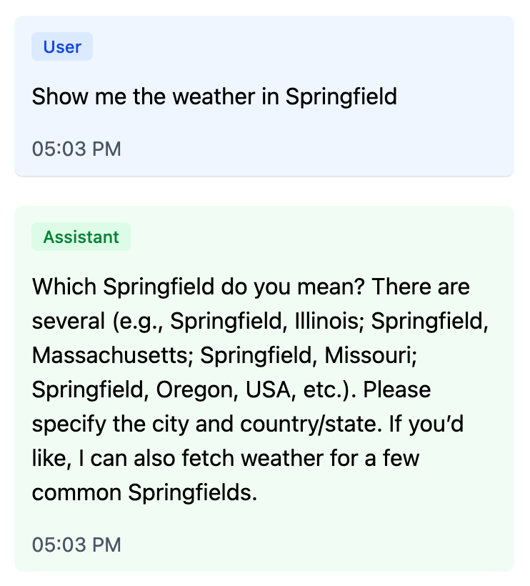 Actual: model asks 'Which Springfield do you mean?' and lists the options in plain text