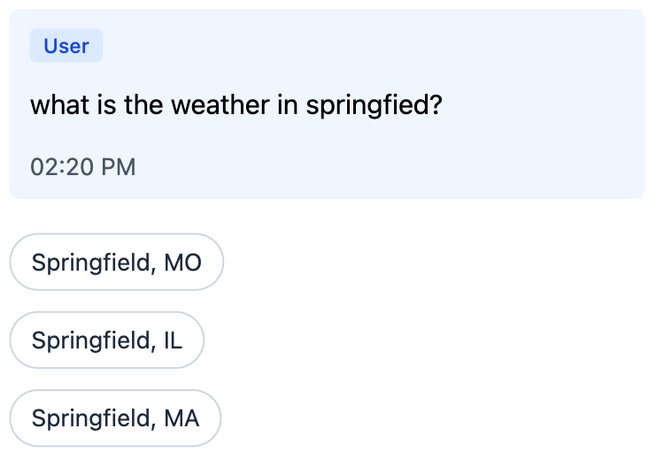 The Springfield clarification rendered as three quick_reply buttons inside a vertical container
