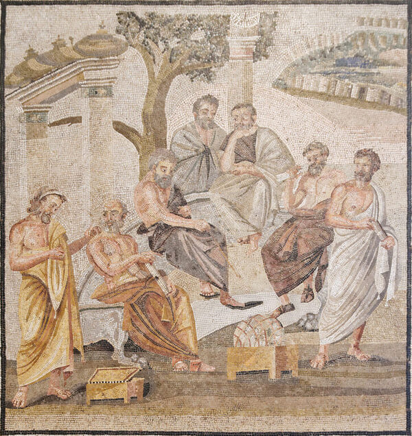 Roman mosaic from Pompeii showing a group of philosophers gathered around an object on the ground, one of them pointing at it with a stick